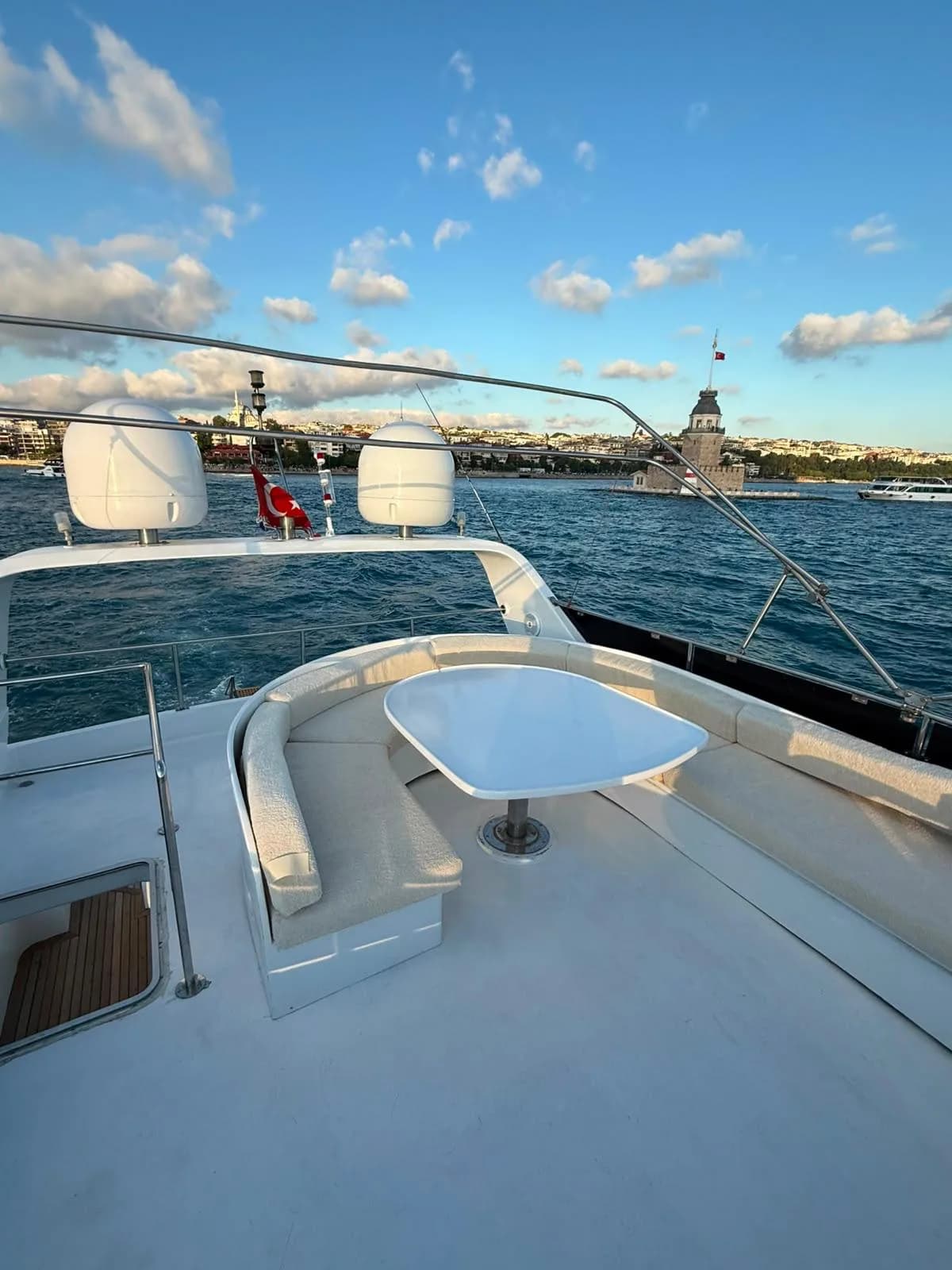 Foredeck seating on a Luma charter yacht looking out over the Bosphorus