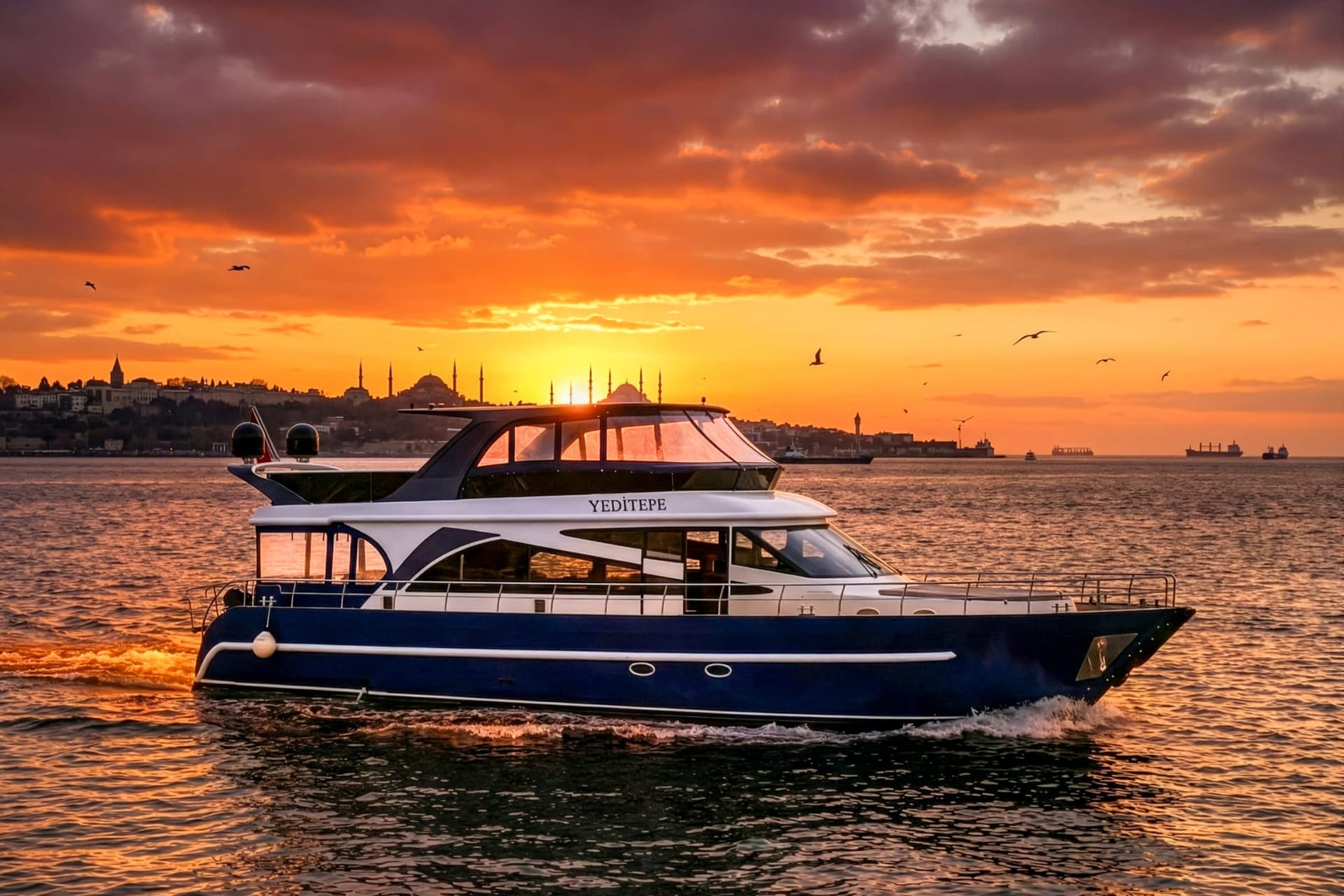 Private motor yacht cruising the Bosphorus at golden hour past the Istanbul skyline