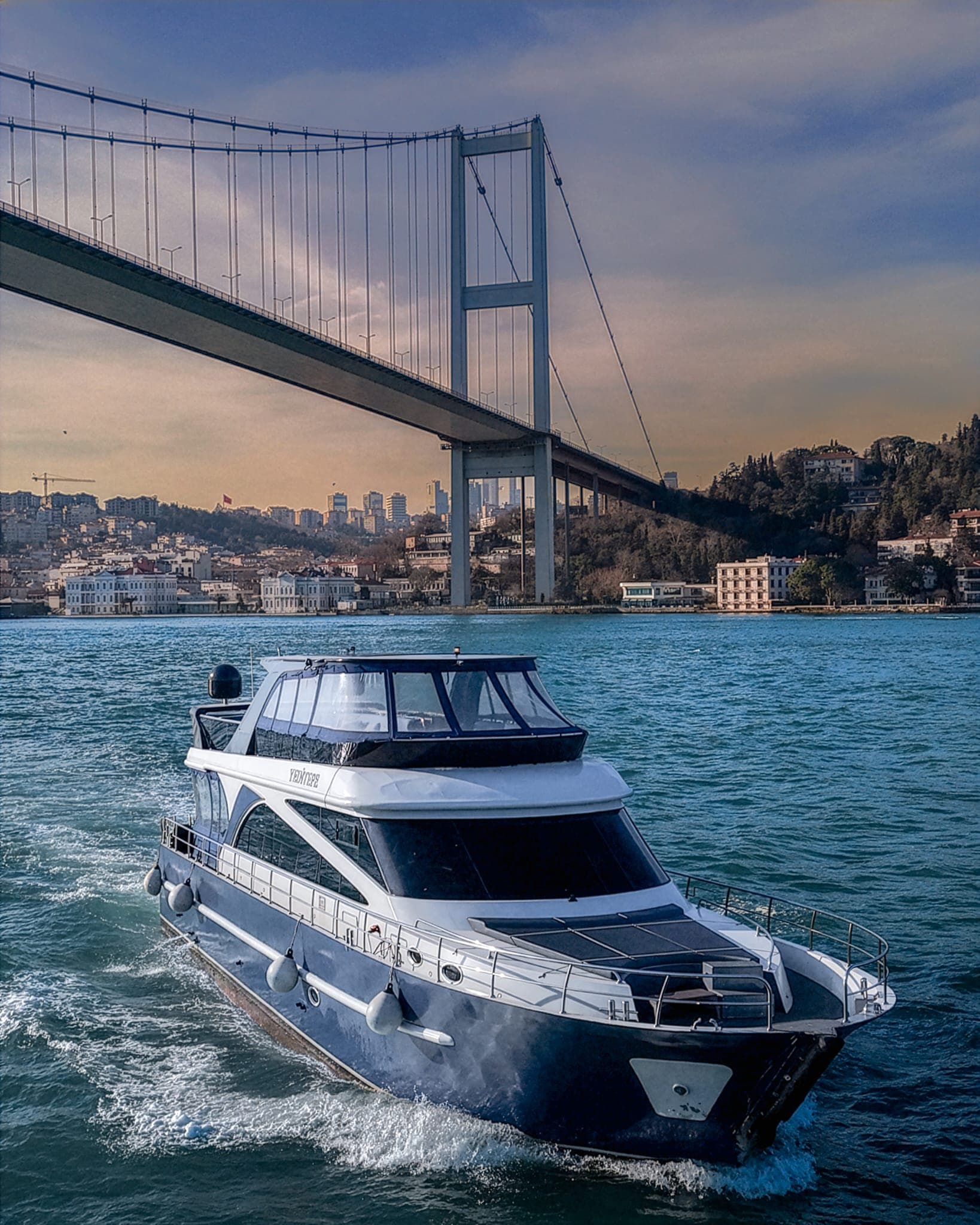 Sun deck of a private Bosphorus charter yacht